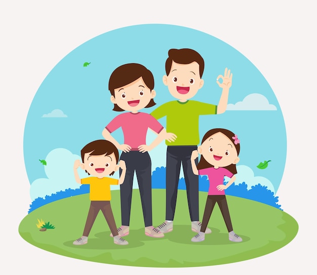健康のために公共の公園で一緒に運動する幸せな家族健康的な活動身体の健康