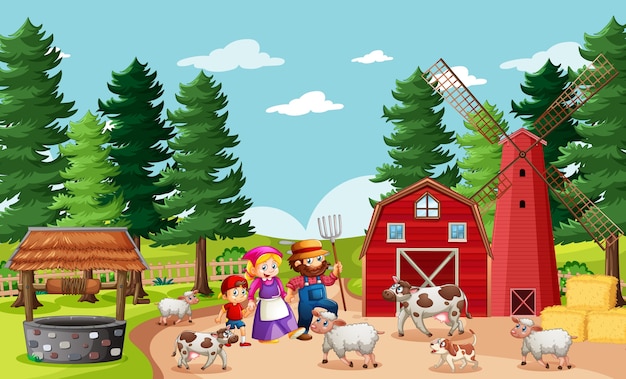 Happy family in farm scene in cartoon style