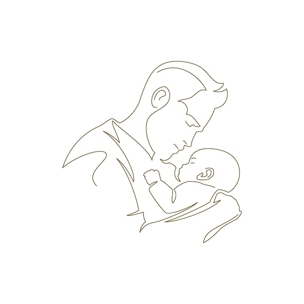 Happy family father hugging baby newborn son enjoy parenthood continuous line art style logo vector illustration Young daddy tenderness embracing kid child with love minimal icon for Father's Day