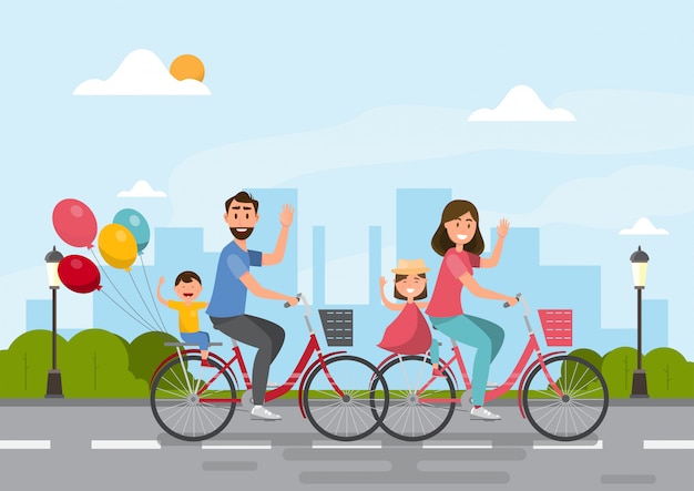 Vettore famiglia felice. padre, madre, ragazzo e ragazza in sella a una bicicletta insieme