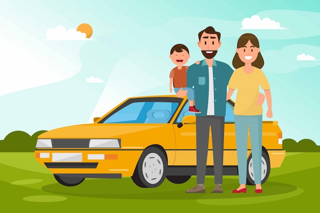 Vector happy family. father, mother and children going to travel by car with nature background