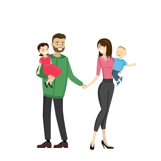 Happy family father mother daughter son isolated on white background cartoon vector illustration