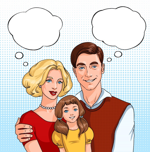 Vettore famiglia felice. padre, madre e figlia con nuvole sonore. illustrazione pop art in stile fumetto.