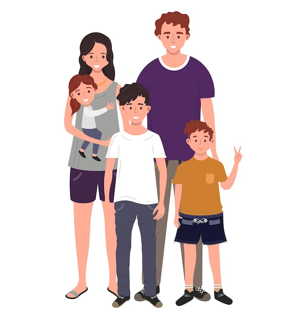 Vector happy family. father, mother, two sons and daughter. vector illustration