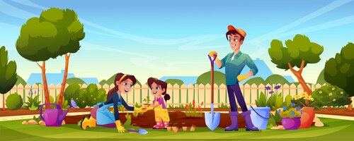 Vector happy family gardening in backyard parents and kid