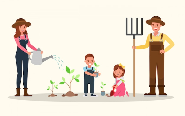 Happy family gardening together.