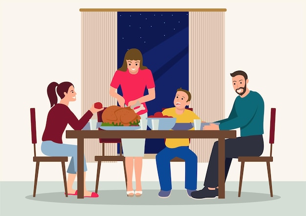 Vector happy family gathers for a dinner radiating love and gratitude ideal for thanksgivingthemed content family promotions and holiday materials captures the essence of togetherness and celebration