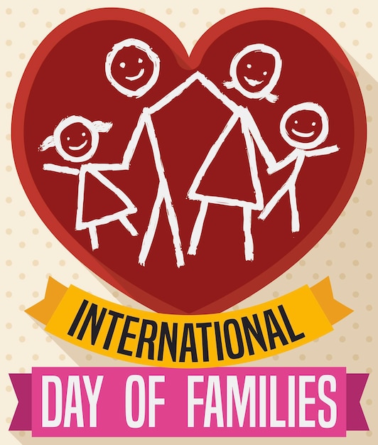 Happy family in giant heart decorated with ribbons for International Day of Families