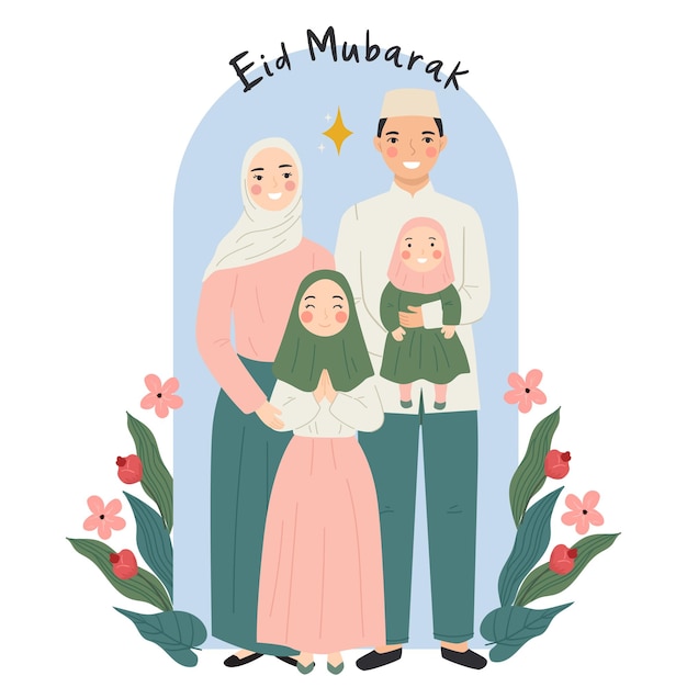 Vector happy family greeting eid mubarak or ramadan kareem