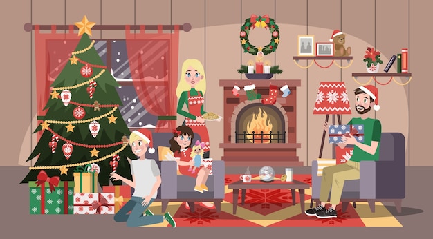 幸せな家族がクリスマスのお祝いを楽しんでいます。クッキーとホームパーティー。新年を祝います。リビングルームのインテリア。漫画のスタイルのベクトル図