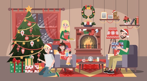 La famiglia felice si diverte alla celebrazione del natale. festa a casa con i biscotti. celebrare il nuovo anno. interno soggiorno. illustrazione vettoriale in stile cartone animato