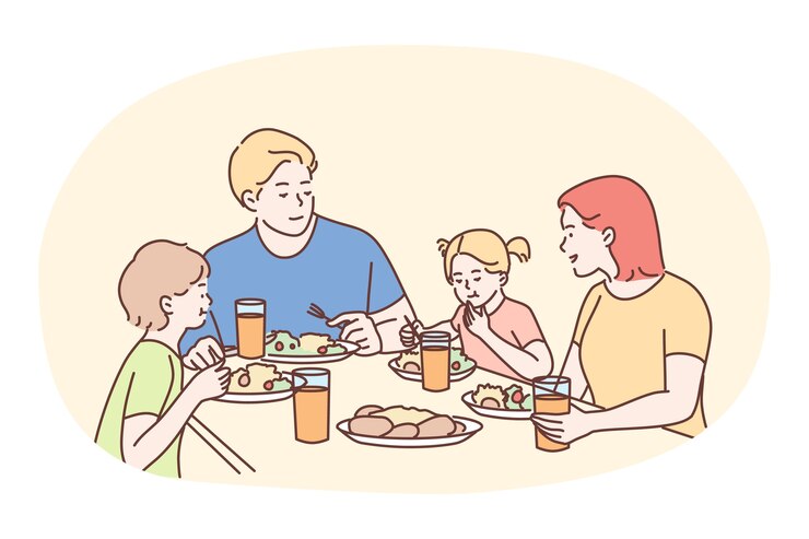 Vector 집에서 함께 저녁이나 아침을 먹고 행복 한 가족.
