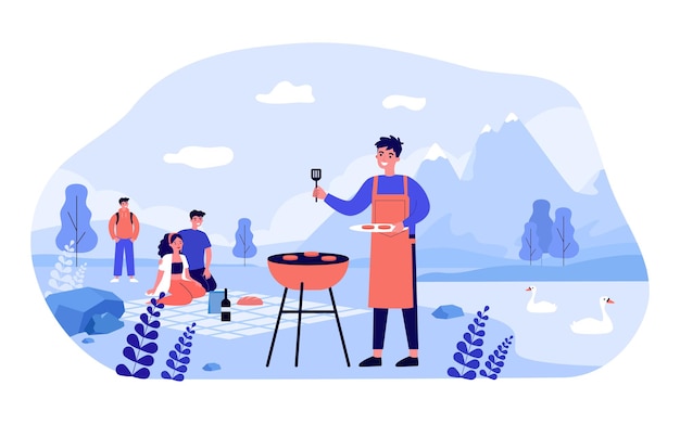 happy family having picnic in mountains. man in apron grilling meat near lake with swans flat vector illustration. outdoor activity, holiday, picnic concept for banner, website design or landing page