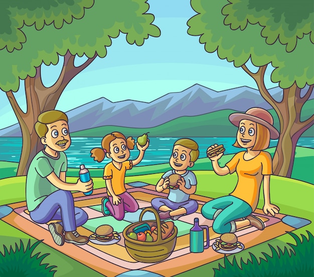 La famiglia felice che ha picnic all'aperto vector l'illustrazione