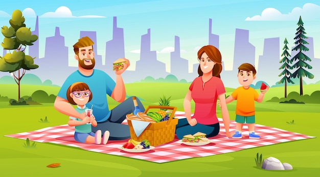 Happy family having a picnic in the park vector illustration