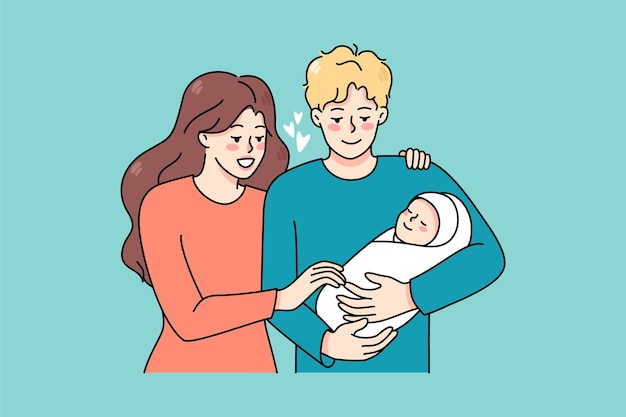 Happy family hold in arms newborn baby infant