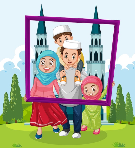 Famiglia felice che tiene la cornice per foto con la moschea sullo sfondo