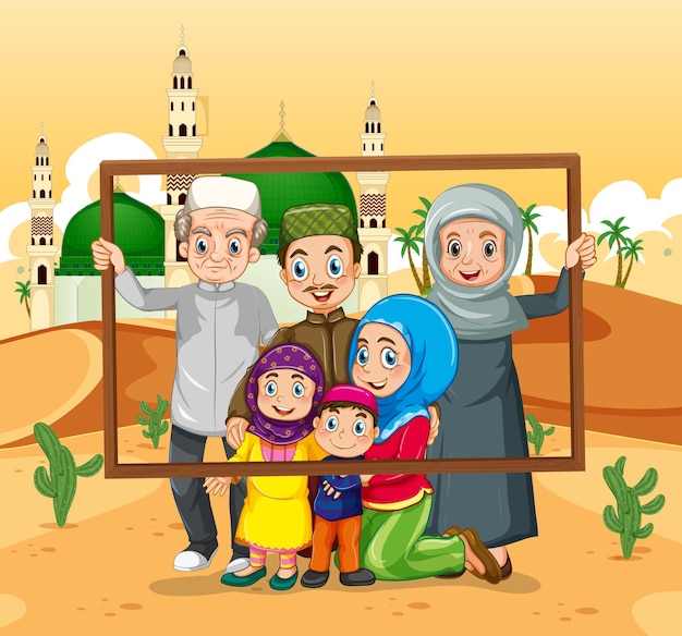 Счастливая семья, держащая фоторамку с мечетью на заднем плане