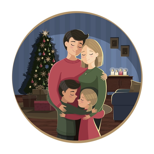 Vector happy family at home hugging each other on christmas eve near the tree and presents