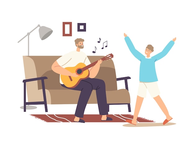 Concetto felice del partito della casa di famiglia. padre che suona la chitarra e canta, figlia balla. genitore e bambino personaggi weekend tempo libero, tempo libero, gioire insieme. cartoon persone illustrazione vettoriale