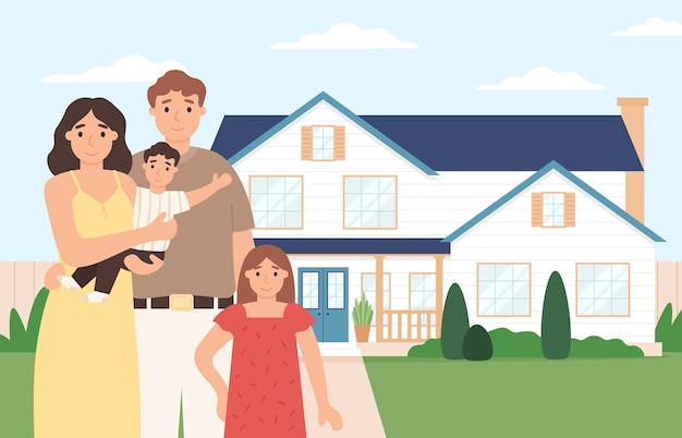 Vector happy family home. young couple with kids in front of their house