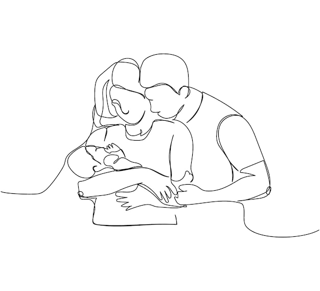 Happy family husband wife and child one line art Continuous line drawing newborn motherhood family