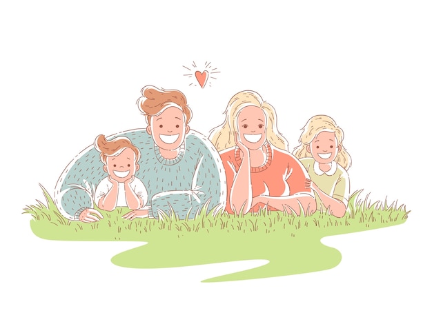 Счастливая семья лежит на траве