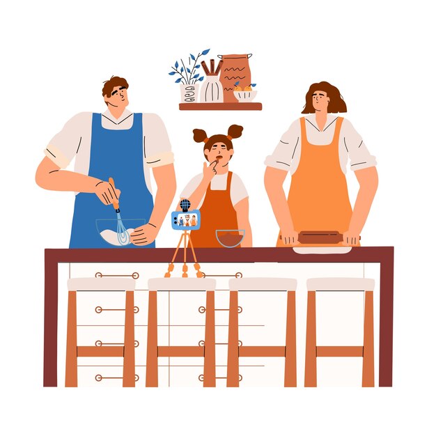 a happy family is making a video for a food blog