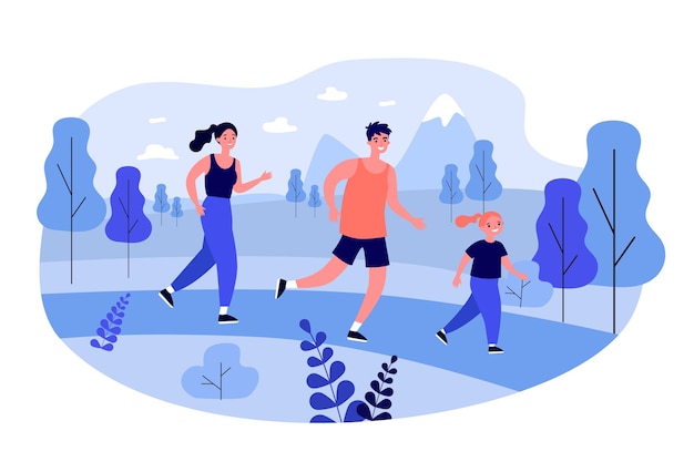 Vector happy family jogging outdoors.