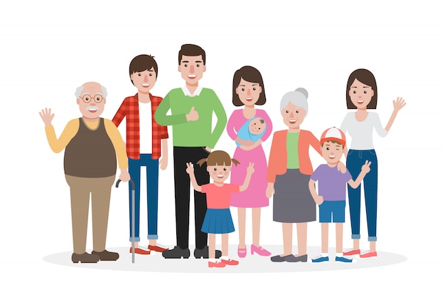 Vector happy family members, grandpa, grandma, mom, dad, brothers and sisters, smiling taking family portrait.