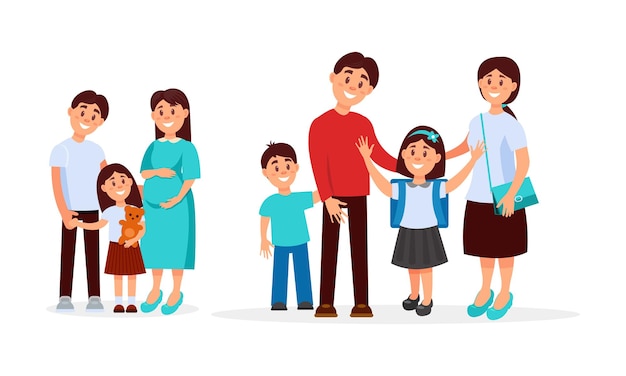 Happy family members with parents and kids spending time together vector illustration set