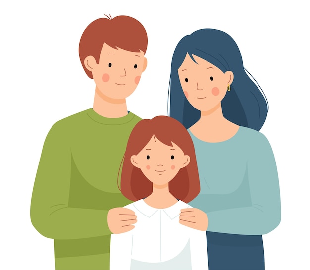 Vector happy family mom dad and daughter hug each other parents and schoolgirl vector flat iilustration