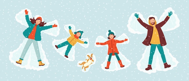 Счастливая семья мама, папа, сын, дочь и собака делают снежного ангела.