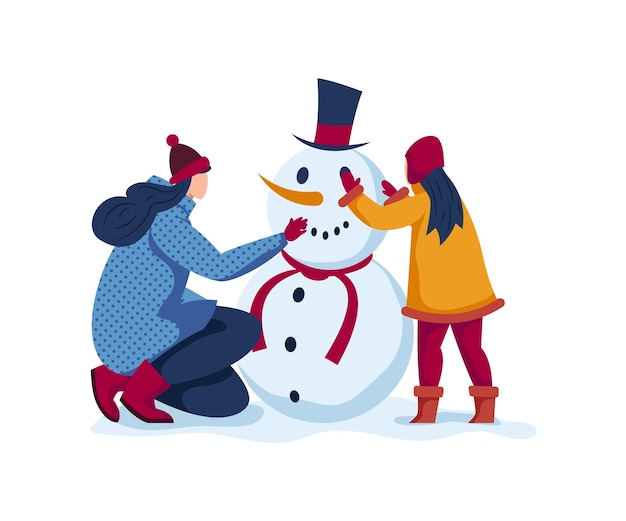 Vector happy family mother and child girl create snowman together vector illustration family winter games vacation time