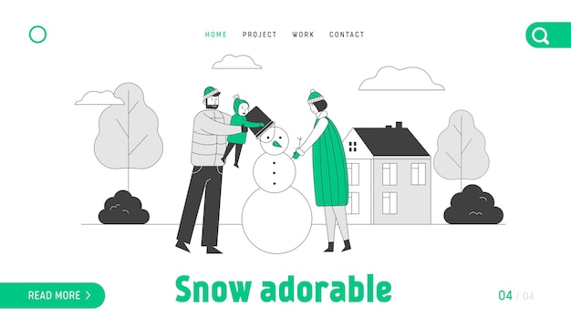 Happy family of mother father and baby making snowman landing page