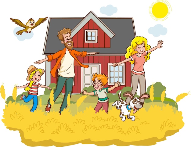 Happy family: mother, father, child son and daughter in nature cartoon vector