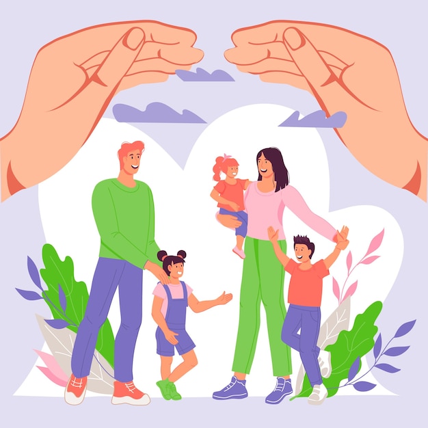 Happy family of mother father and children cuddling together under huge protective hand palms flat vector illustration Family insurance life safety and medical care guarantee concept