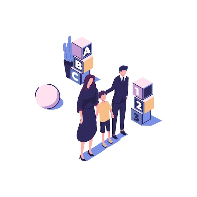 Happy family mother father daughter son holding hands and hugging flat style isometric illustration vector design