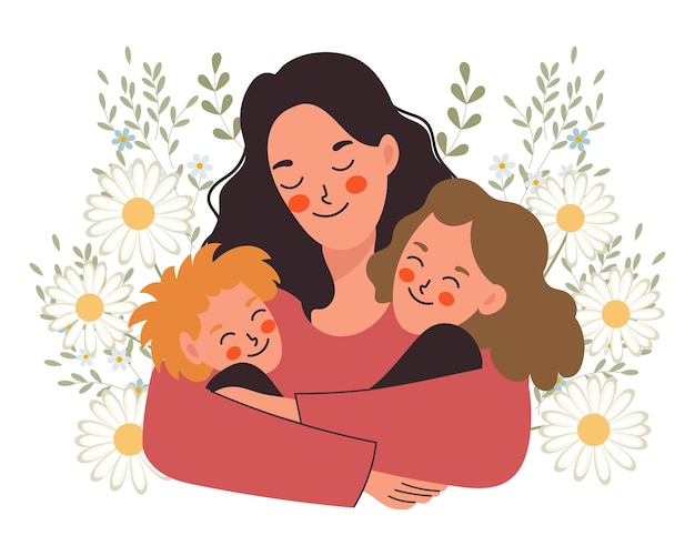 Vector happy family mother with children son and daughter family day mother's day cartoon illustration