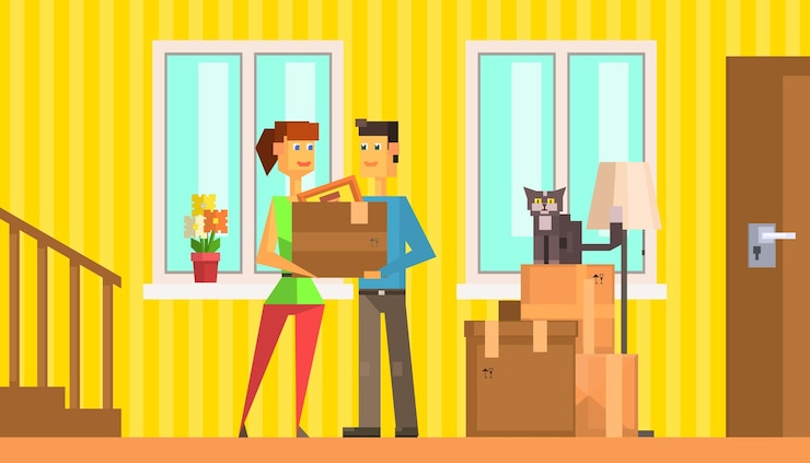 Vector happy family moving to new house or apartment man and woman carrying their stuff in cardboard boxes vector illustration