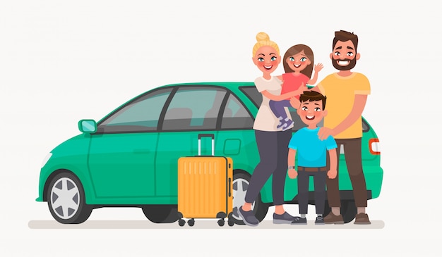 Vettore famiglia felice vicino all'auto con i bagagli. viaggio in famiglia in un veicolo