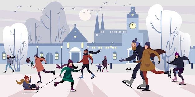 Vettore famiglia felice sulla pista di pattinaggio all'aperto nella piazza del centro invernale. illustrazione vettoriale piatta