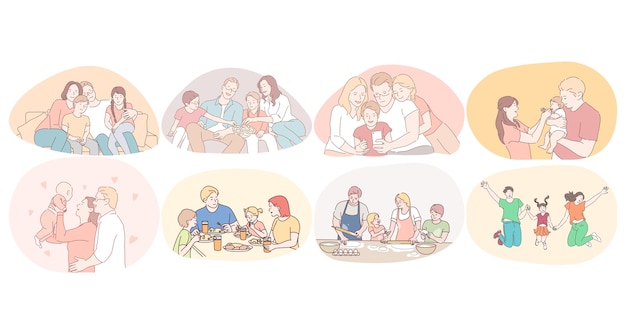 Vector happy family, parenthood, enjoying time with children concept. young happy families with kids