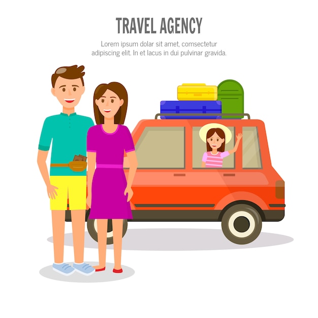 Vector happy family of parents and girl travel by car
