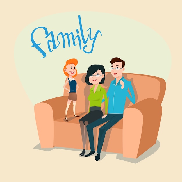 Счастливые родители семьи с дочкой сидят на диване