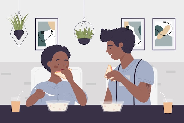 Vector happy family people eat dinner food in kitchen interior talking sitting at table