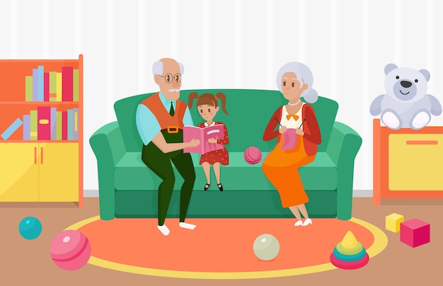 Happy family people read book together grandmother grandfather granddaughter reading