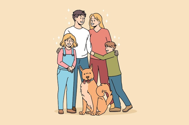 幸せな家族とペットのコンセプト。笑顔の愛する家族の父の母と子供たちが散歩中に犬と一緒に抱き合って立っているベクトル図