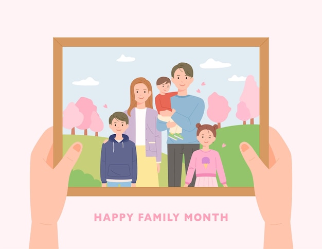 Vector happy family photo a hand holding a picture frame