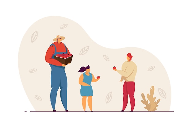 Famiglia felice che raccoglie insieme le mele madre che tiene scatola di frutta, ragazzo e ragazza con l'illustrazione piana di vettore delle mele. giardinaggio, concetto di agricoltura per banner, progettazione di siti web o pagine web di destinazione